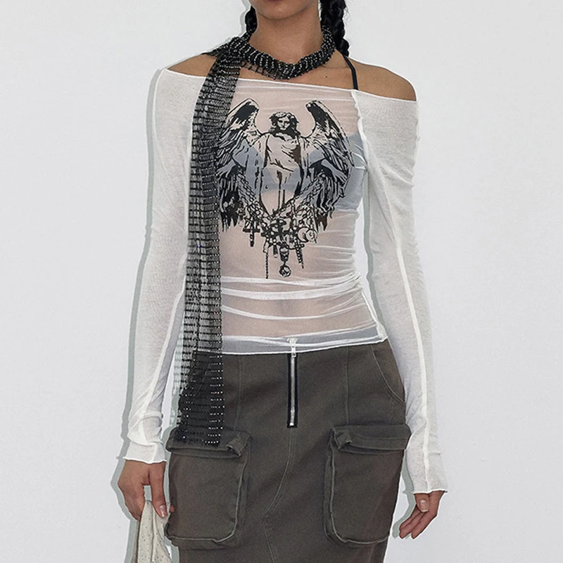 Goth Dark Techwear Fashion Cyber Gothic Crop Tops Y2k Punk Mesh Transprent Sexy Print Tshirts Women Off Shoulder Color Match Tee