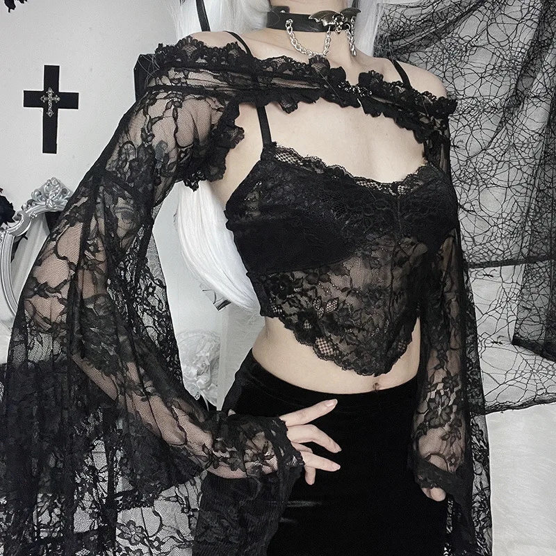 Goth Dark Lace Transparent Elegant Button Crop Blouse Mall Gothic Sexy Flare Sleeve Shrug Tops Fairy Flower Alt Sheer Smock Coat