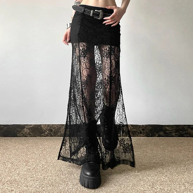 Goth Dark Lace Patchwork Long Skirt Mall Gothic Coquette High Waist Bodycon Skirts Sexy Sheer Hem Split Bottoms Elegant Techwear