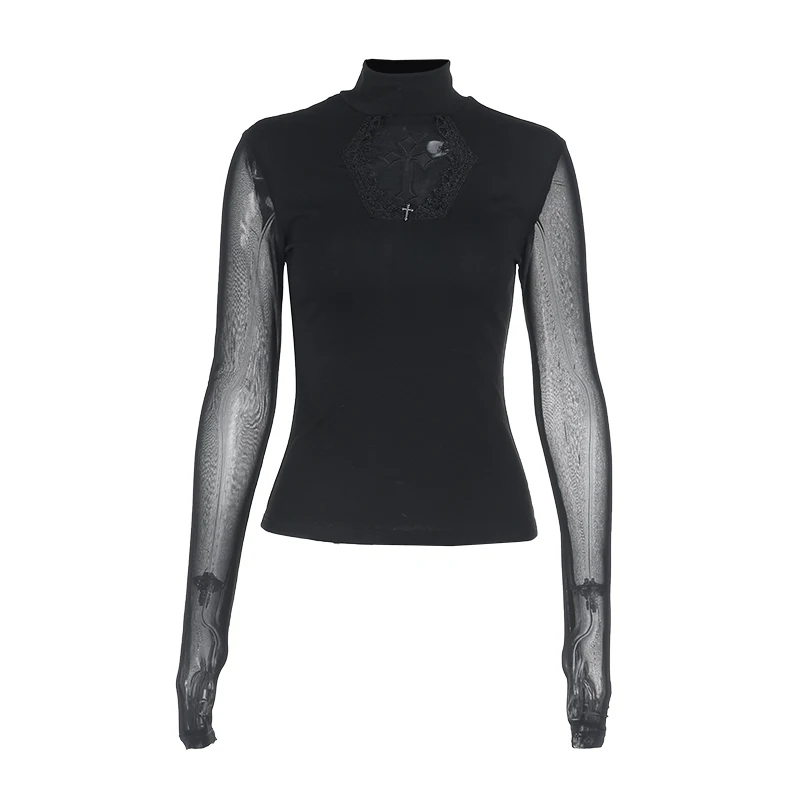 Goth Sexy Lace Mesh Flared Long Sleeve Corset Crop Tops Y2K Harajuku Vintage Aesthetic Black T-shirts Women Tops Tees Streetwear