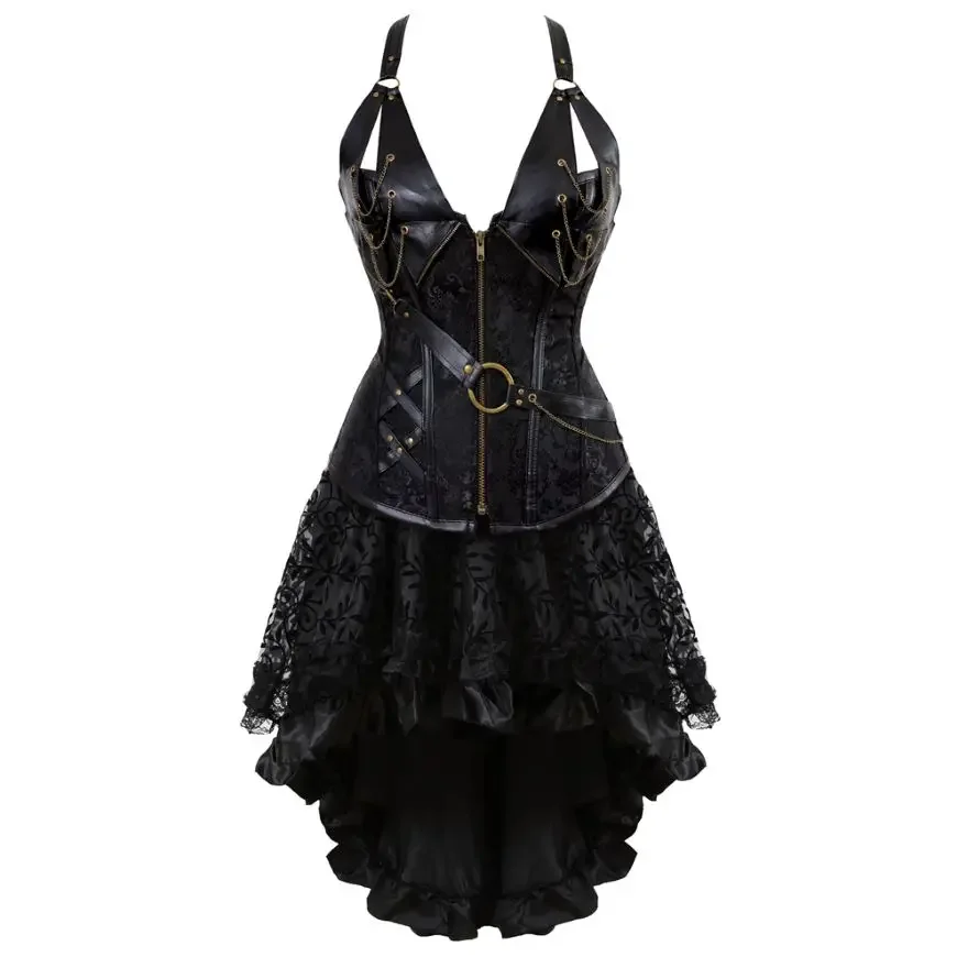 Gothic Leather Corsets Dress Steampunk Pirate Corset Bustier Top With Floral Lace Skirt Set Burlesque Halloween Costume