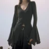Goth Dark Fairy Grunge Flare Sleeve V-neck T-shirts Gothic Split Sexy Lettuce Hem Female Blouses Y2k Black Slim Fashion Alt Tops