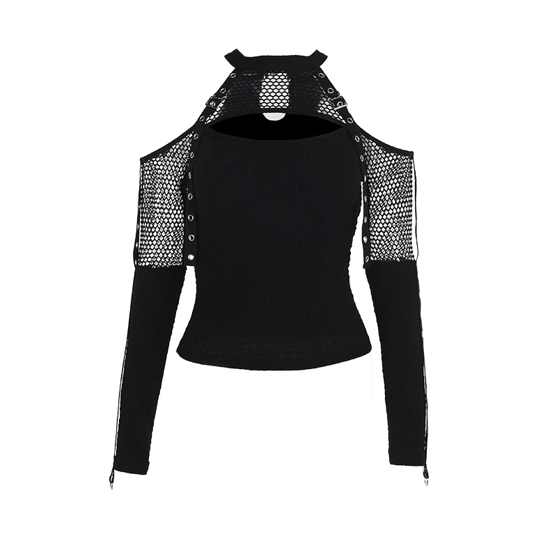 Goth Sexy Lace Mesh Flared Long Sleeve Corset Crop Tops Y2K Harajuku Vintage Aesthetic Black T-shirts Women Tops Tees Streetwear