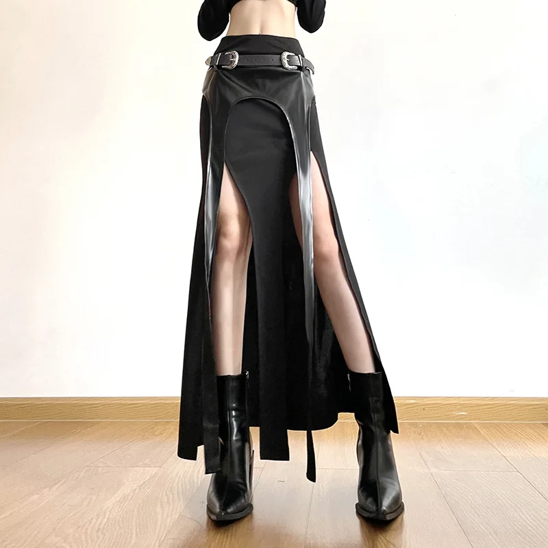 Goth Dark Grunge Punk Irregular Party Long Skirts Cyber Gothic Y2k Faux Pu Patchwork Midi Skirt Women Techwear Sexy Split Bottom
