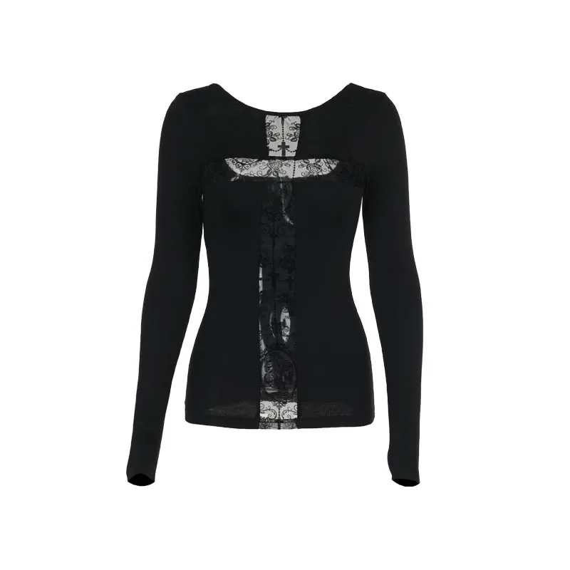 Gothic T-shirt for Women Sexy Hollow Out Mesh Cross Half Turtleneck Black Slim Soft Velvet Long Sleeve  Crop Tops