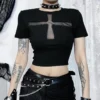 Goth Dark Fashion Streetwear Blouse Sexy Cross Hollow Out Short Sleeve T-Shirt Gothic Punk O-Neck Crop Tops Alt Aesthetic Cloth