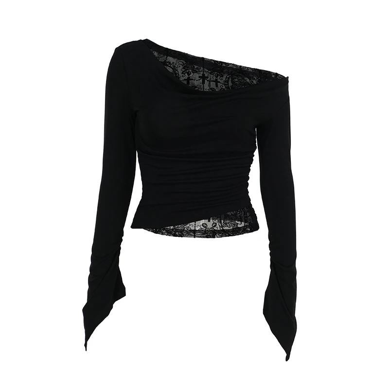 Goth Sexy Lace Mesh Flared Long Sleeve Corset Crop Tops Y2K Harajuku Vintage Aesthetic Black T-shirts Women Tops Tees Streetwear