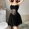 Goth Dark High Street Lace Spaghetti Strap Mini Dress Y2K Coquette Sexy Sheer Party Vestido Gothic Women Slim Gown Club Dresses
