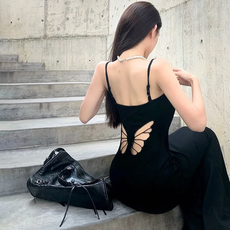 Goth Dark Cyber Y2K Butterfly Hollow Out Straps Dresses Fairy Grunge Bodycon Gown Women Sexy Hot Backless Dress Gothic Techwear