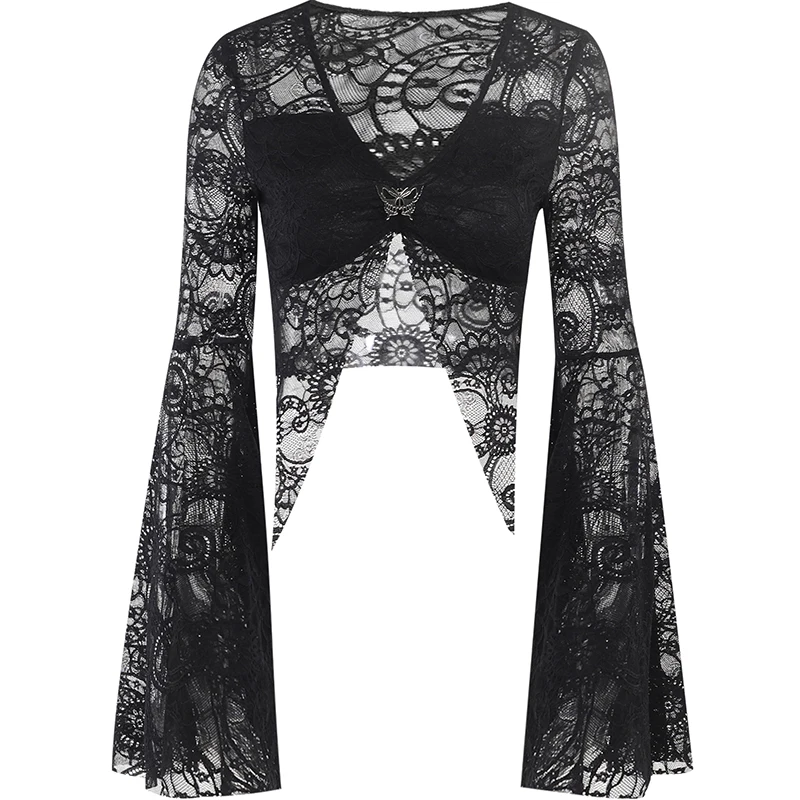Goth Sexy Lace Mesh Flared Long Sleeve Corset Crop Tops Y2K Harajuku Vintage Aesthetic Black T-shirts Women Tops Tees Streetwear