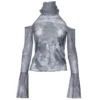Goth Dark Fairy Grunge Aesthetic Mesh T-shirts Mall Gothic Print Women Y2k Crop Tops Turtleneck Open Shoulder Flare Sleeve Tees