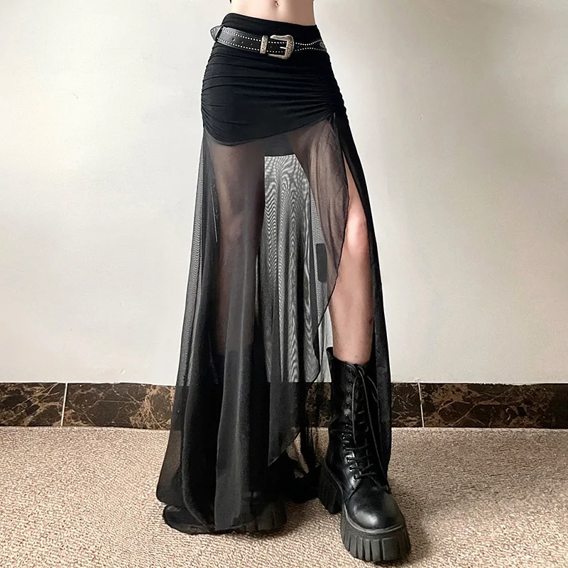 Goth Dark Mall Goth High Waist Mesh Patchwrok Mid Skirts Sexy Hem Split Ruched Bodycon Skirt E-girl Y2K Streetwear Alt Bottoms