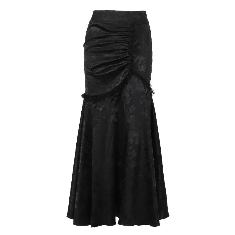 Goth Dark Elegant Fashion Party Gown High Waist Lace Stitch Mermaid Skirt Female Sexy Pleated Bodycon Skirts Gothic Streetwear