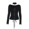 Goth Black Lace Trim Long Sleeve T-Shirts Vintage Sexy Lace-up Square Collar Tops with Choker Cross Women Autumn Tees