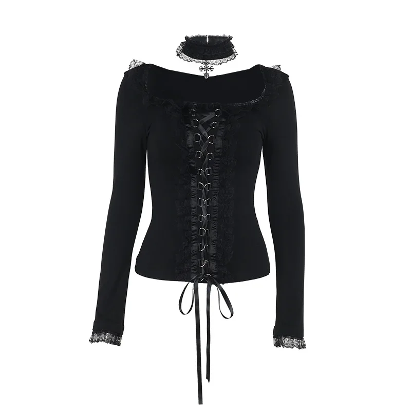 Goth Black Lace Trim Long Sleeve T-Shirts Vintage Sexy Lace-up Square Collar Tops with Choker Cross Women Autumn Tees