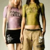 Goth Dark Cyebr Y2k Punk Mesh See Through Sexy T-shirts Techwear Fashion Gothic Letter Print Crop Tops Grunge Women Skinny Tees