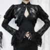 Goth Dark Women Elegant Flocking Crop Cardigan Coats Y2K Grunge Techwear Mall Gothic Lace See Through Shrug Tops Alt Partywear